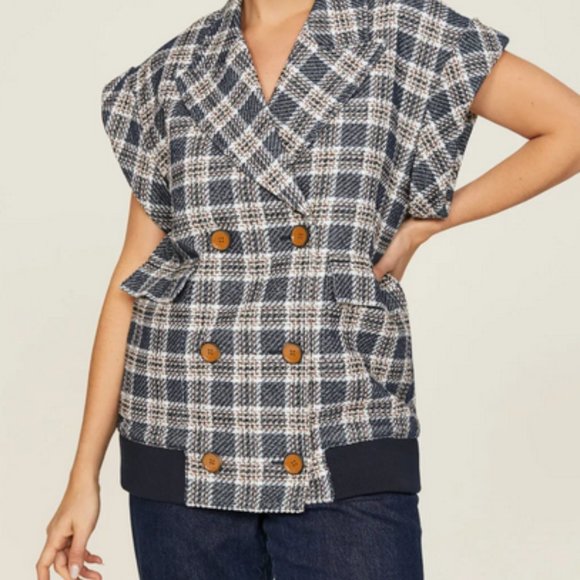 VERONICA BEARD Women's Enzo Dickey Double-Breasted Vest Size S In Plaid Blue